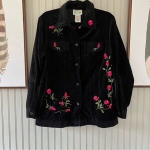 Embroidered Women’s Quacker Factory Black Velvet Button Up Shacket Jacket Floral